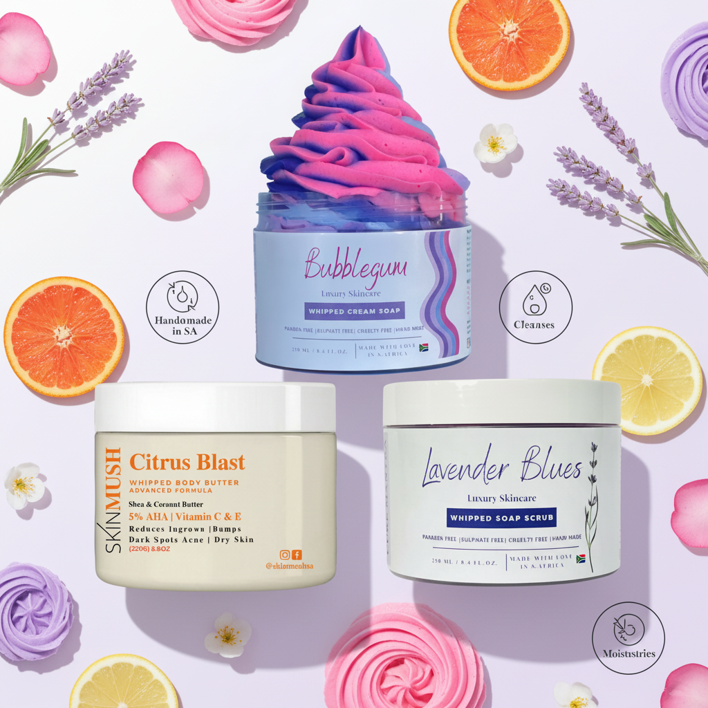 Three skincare products with colorful whipped cream on top against a white background