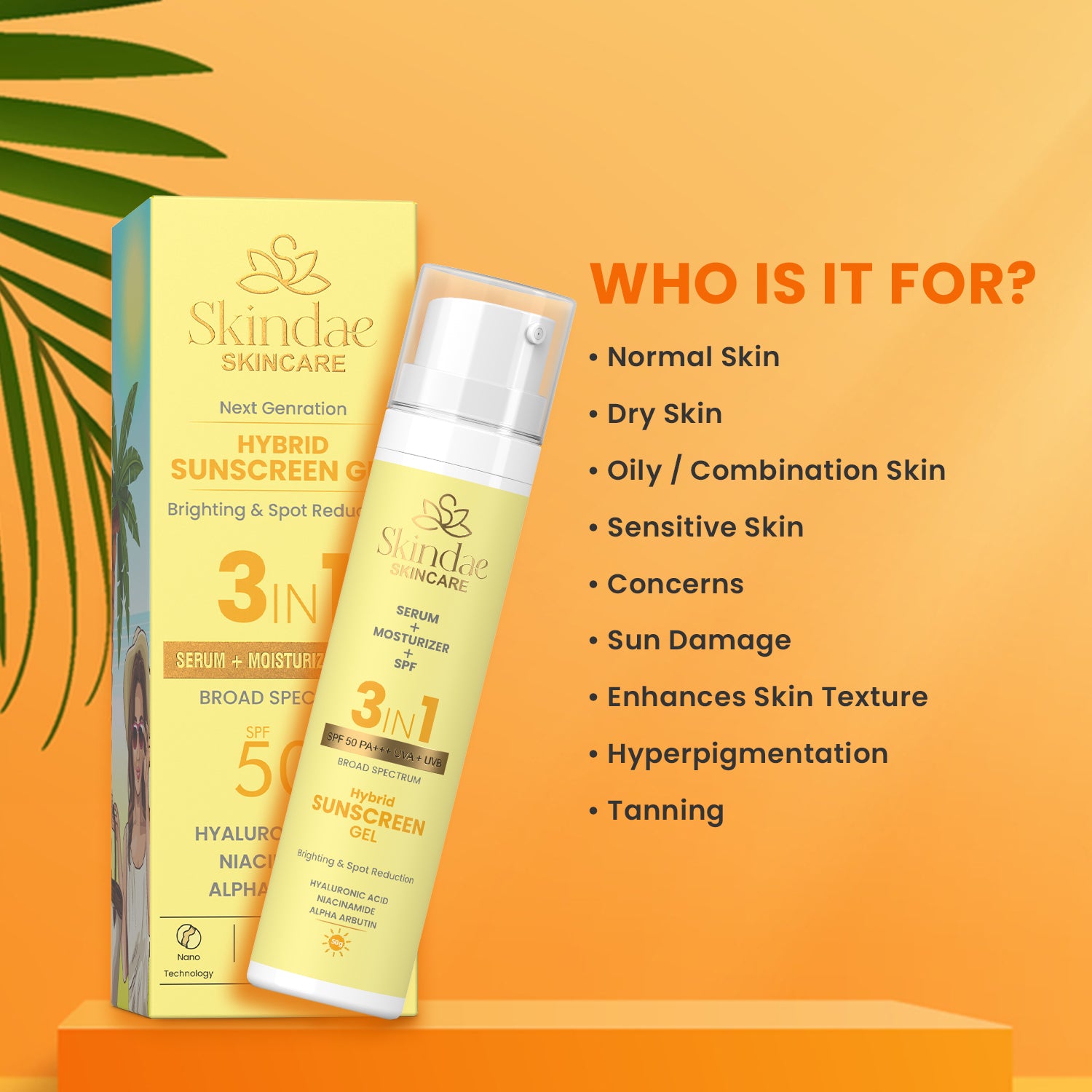 SPF 50 brightening, no white cast dry skin
tanning