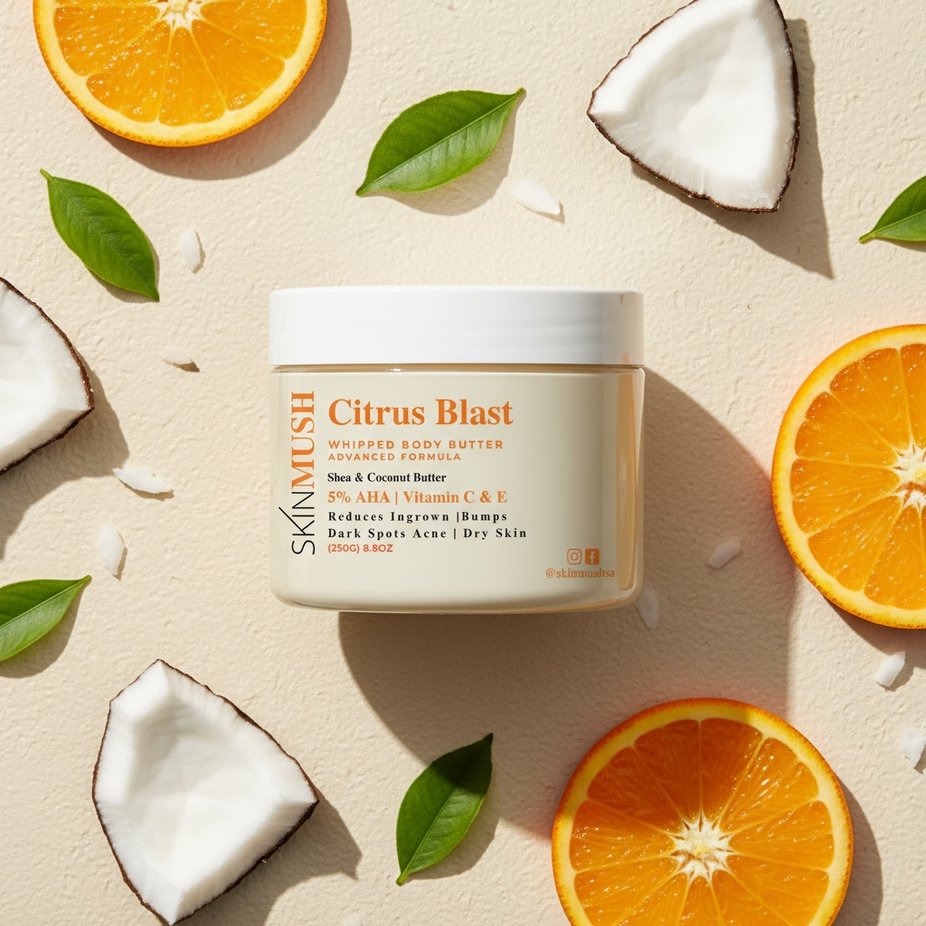 Jar of skinmush Citrus Blast whipped body butter surrounded by oranges and coconuts on a beige background