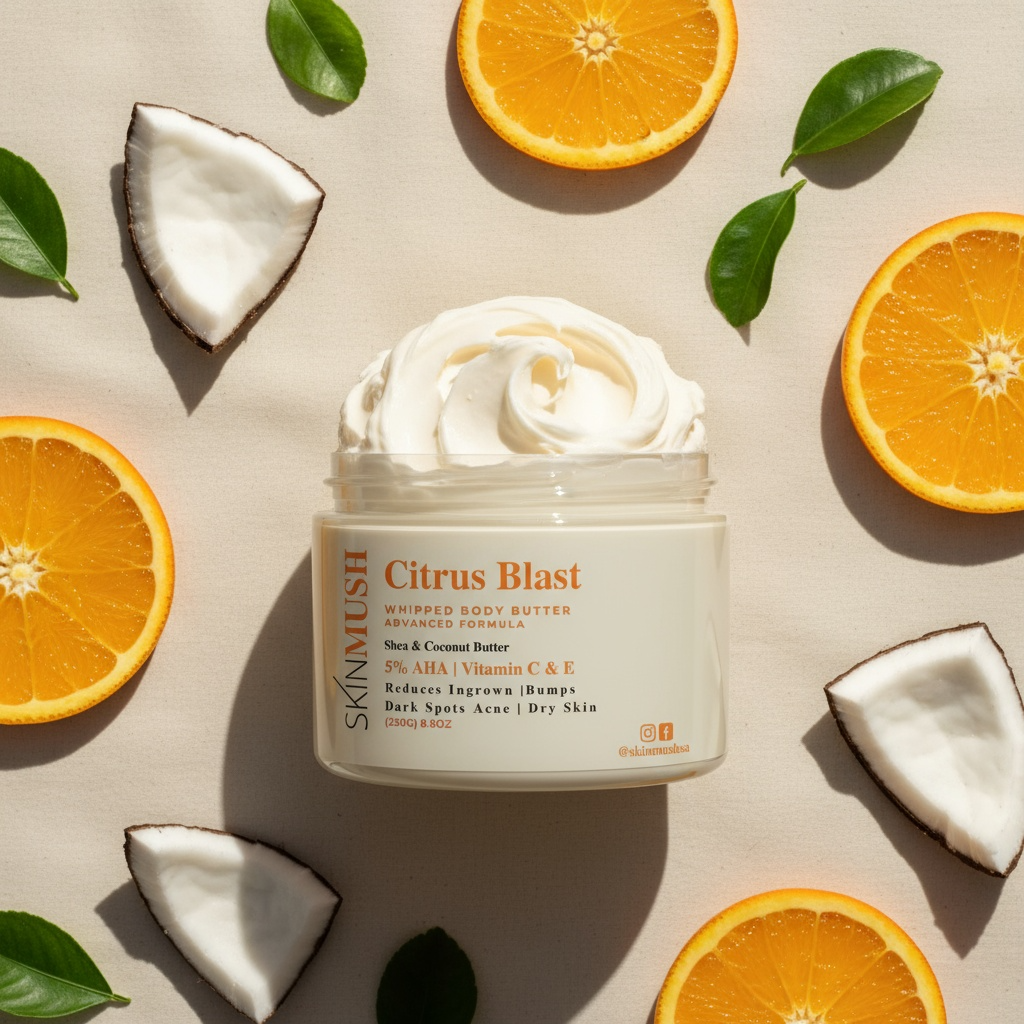 Jar of 'Citrus Blast' whipped body butter surrounded by oranges and coconuts on a beige background