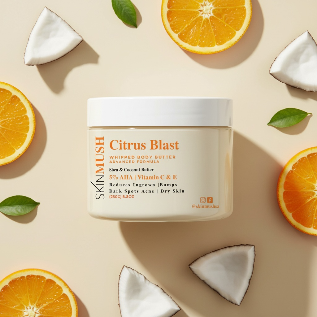 Jar of 'Citrus Blast' whipped body butter surrounded by oranges and coconuts on a beige background