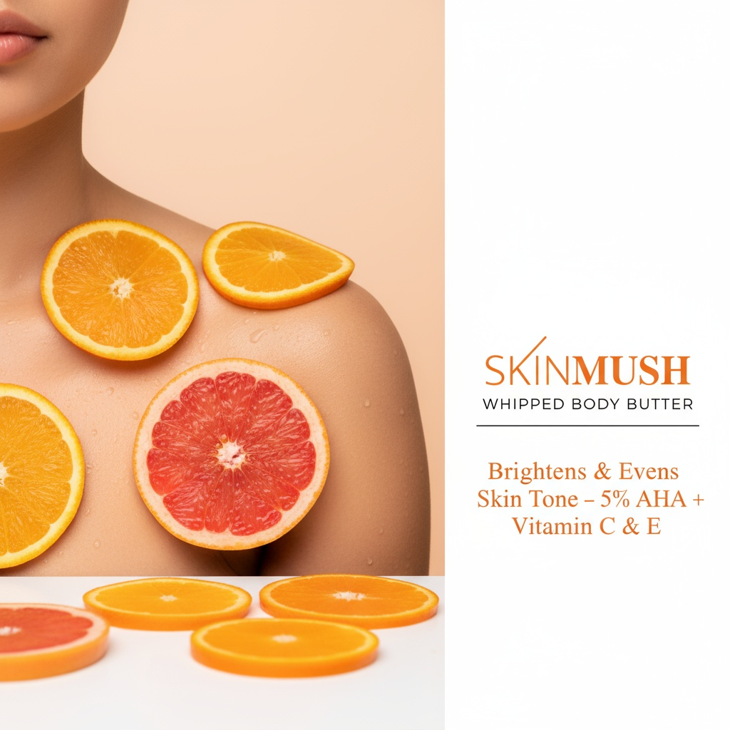 SkinMush whipped body butter advertisement with oranges and a woman's shoulder.
