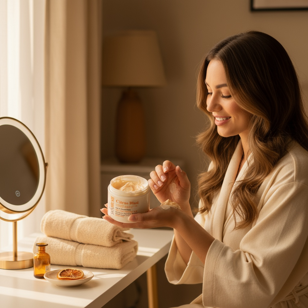 Woman in a robe holding a jar of cream in a cozy room with a mirror and towels.
