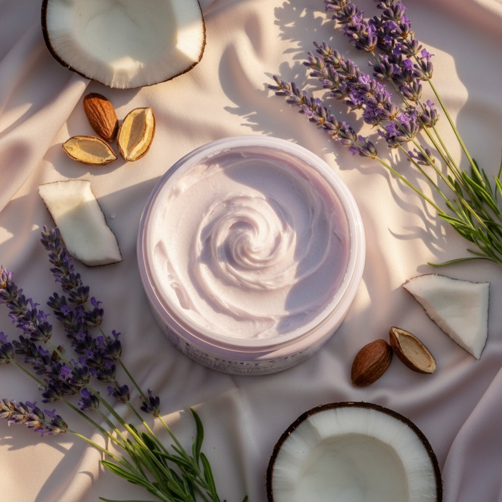 Jar of whipped cream with lavender flowers and coconut pieces on a light pink background