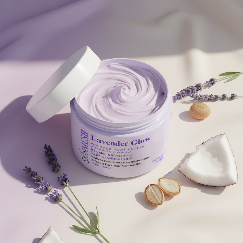 Lavender body butter jar with lavender flowers and a coconut on a light background