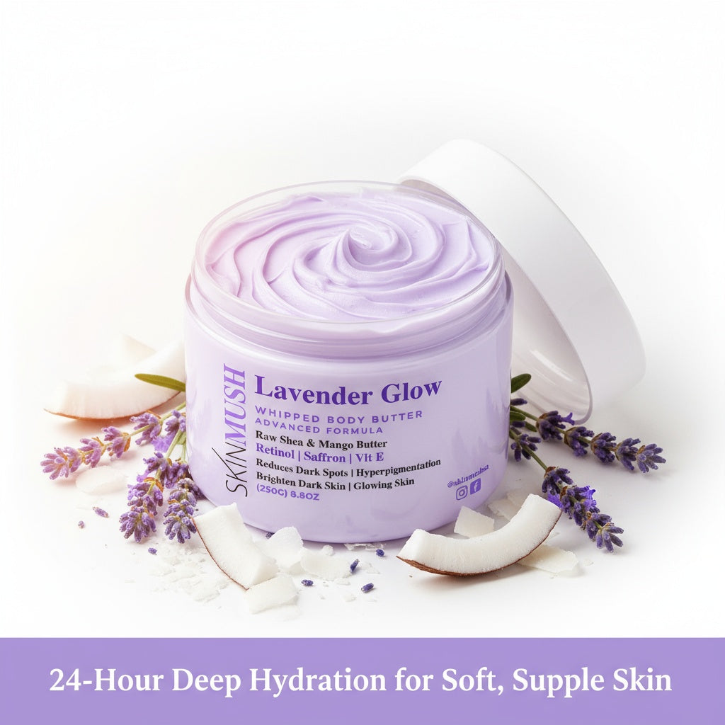 Jar of Skinlush Lavender Glow body butter with lavender flowers and a coconut on a white background