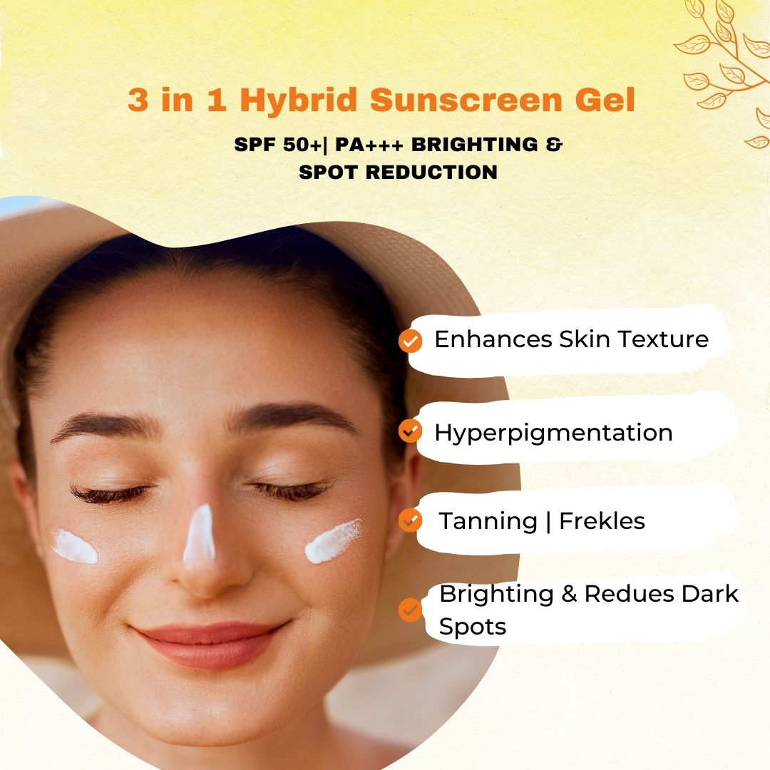 Woman applying Skindae Hybrid Sunscreen Gel SPF 50 on face for daily sun protection and spot reduction