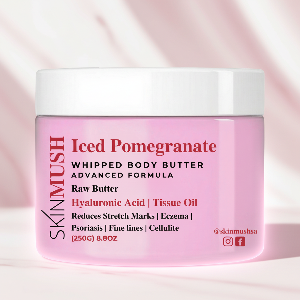 Pink jar of SKINMUSH whiped body butter with white lid on a white background