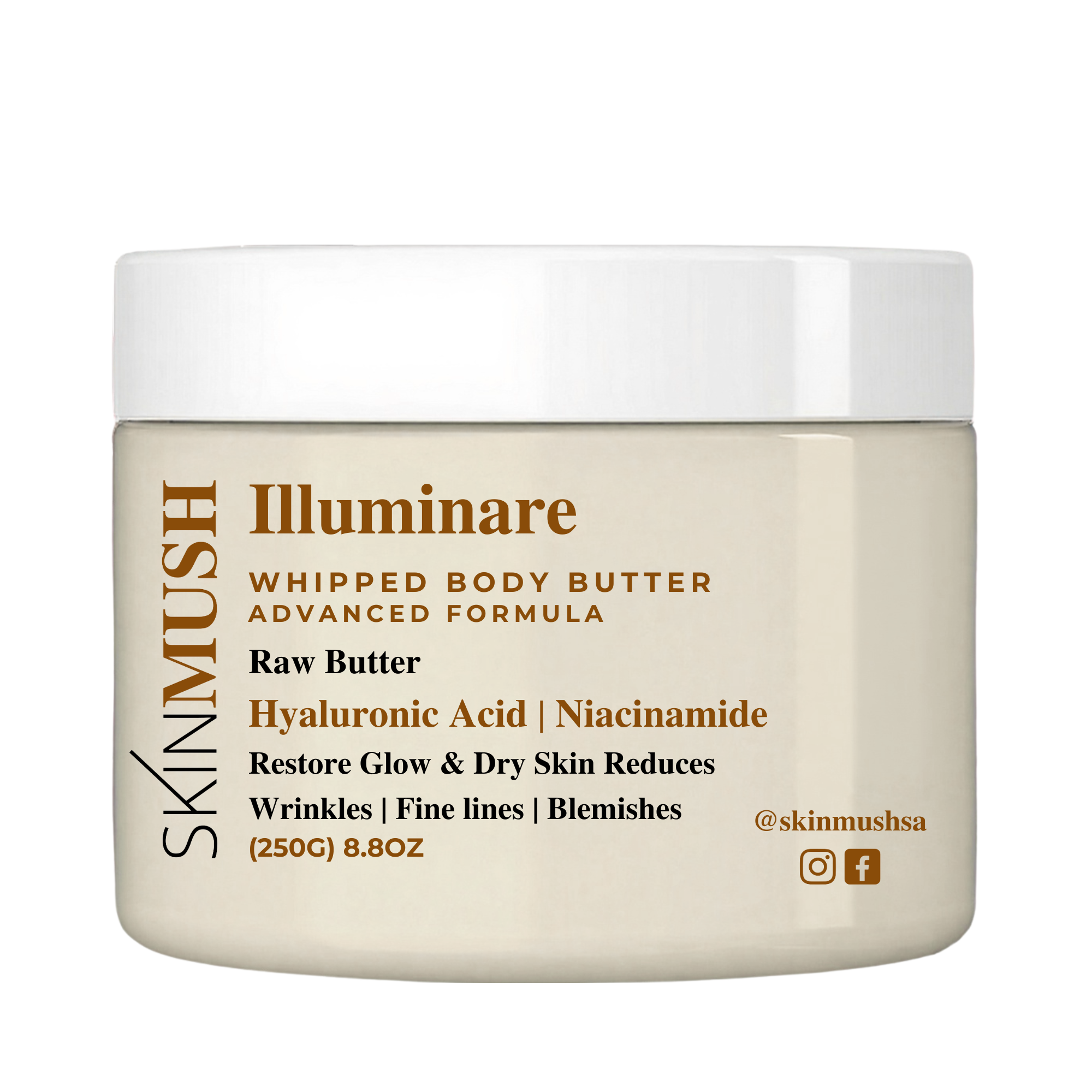 Skincare jar labeled 'Illuminare' with text about ingredients and benefits on a white background