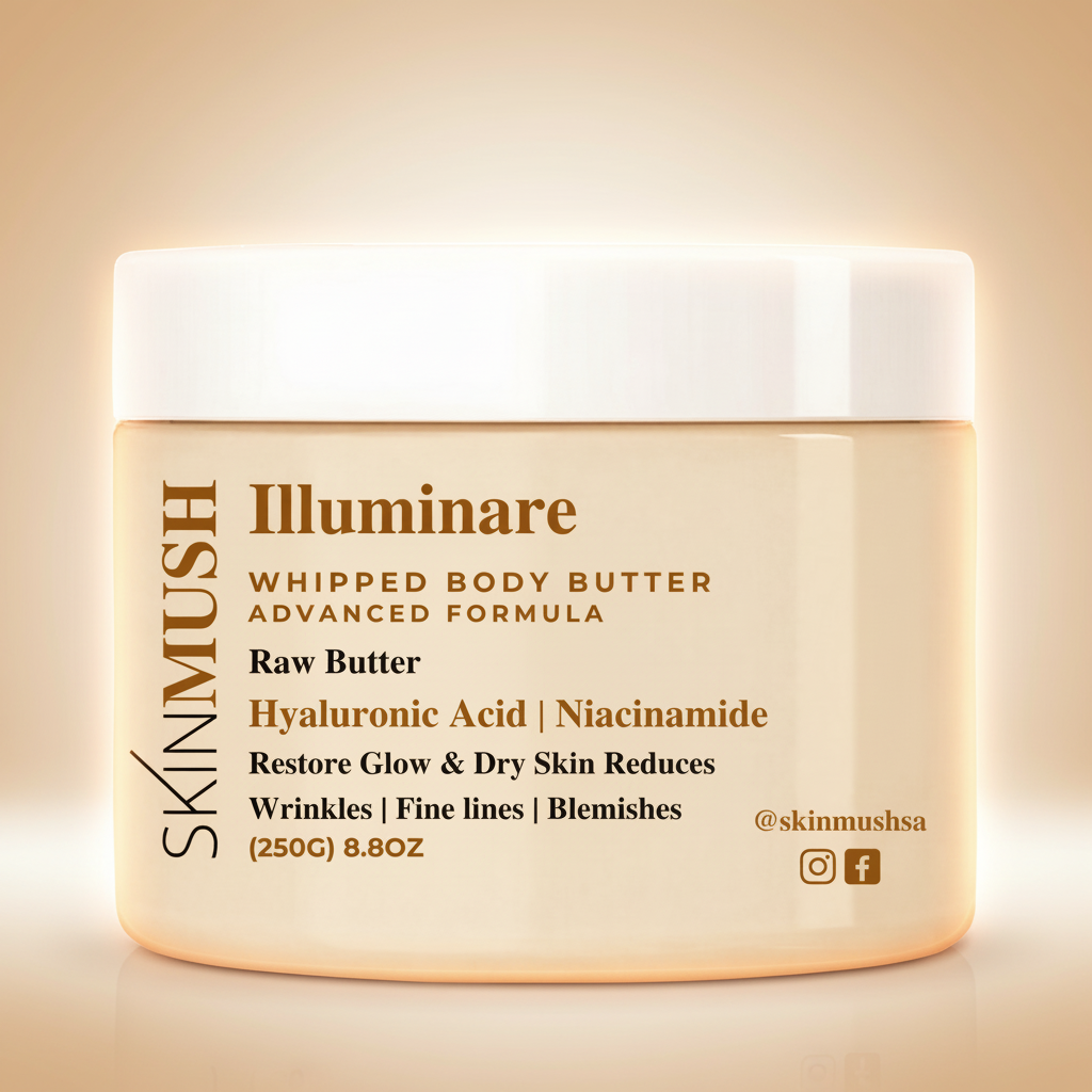 Skincare jar labeled 'Illuminare' with text about ingredients and benefits on a white background