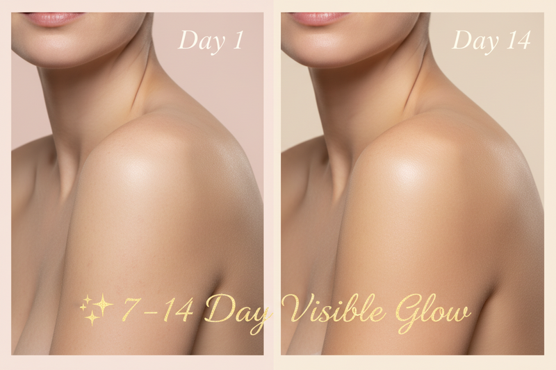 Before and after comparison of skin texture on a person's shoulder with text indicating '7-14 Day Visible Glow'.