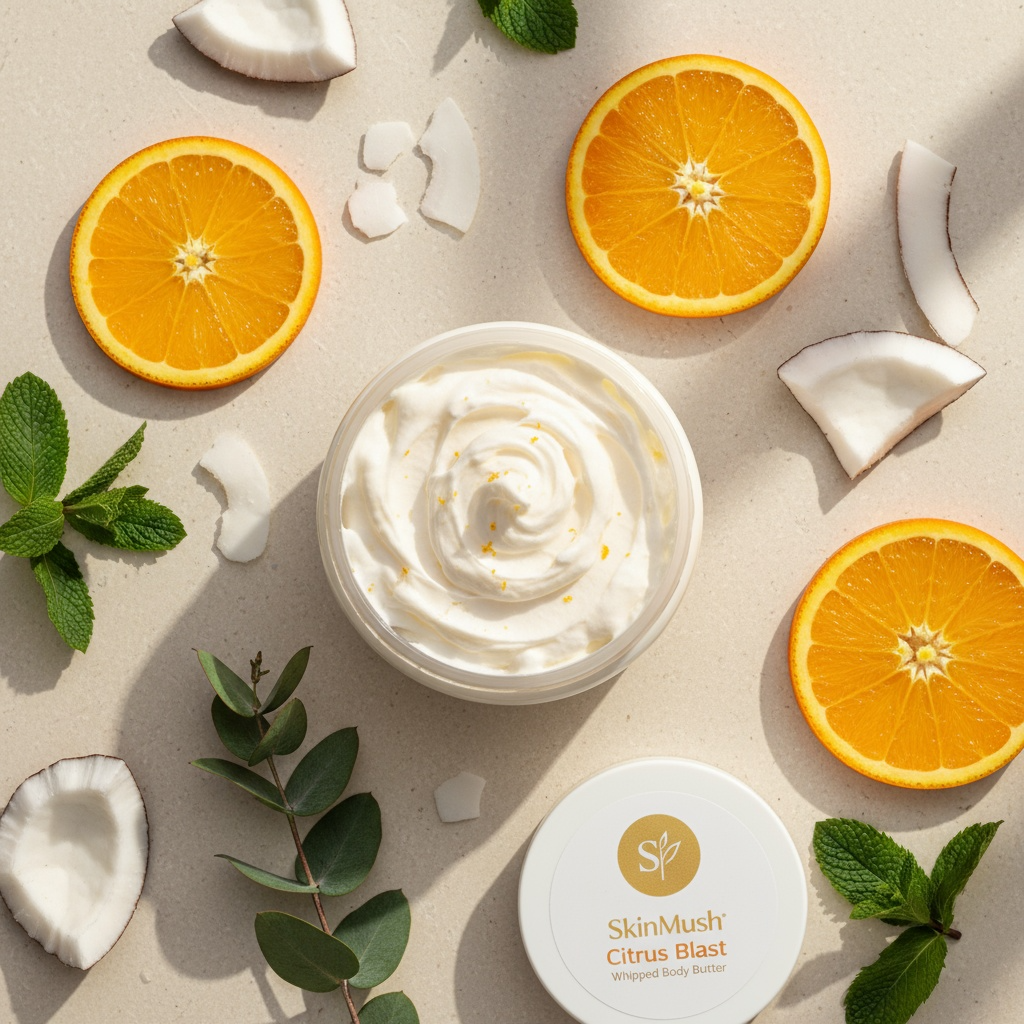 Skincare product with oranges and coconut on a neutral background