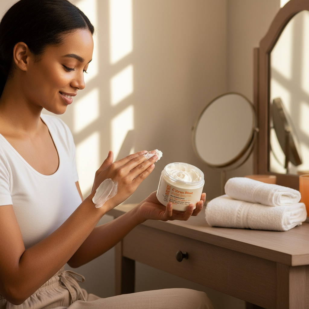 Woman applying cream to her hands in front of a mirror with towels on a table.