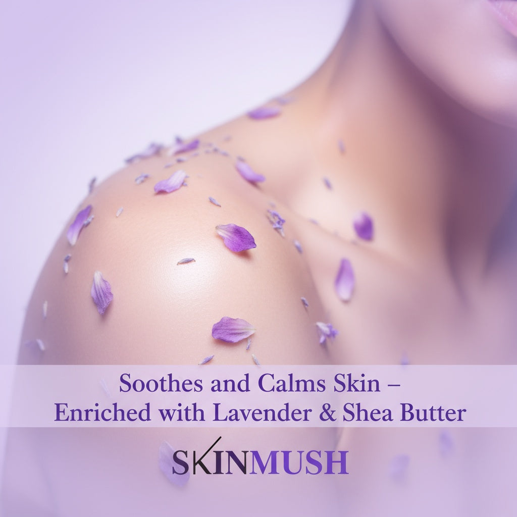 Product with lavender petals on skin, labeled 'SKINMUSH' for skincare benefits.