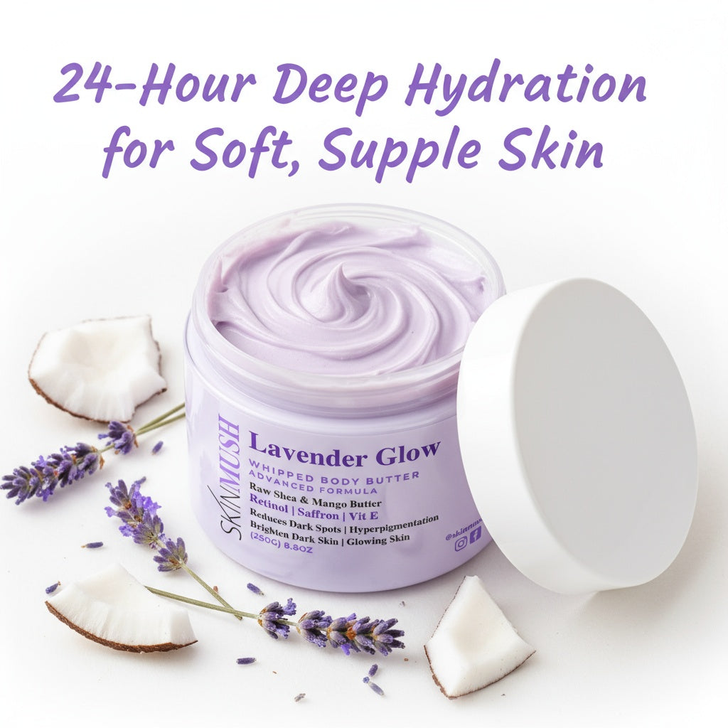 Skindish Lavender Glow whipped body butter with lavender flowers and coconut pieces on a white background