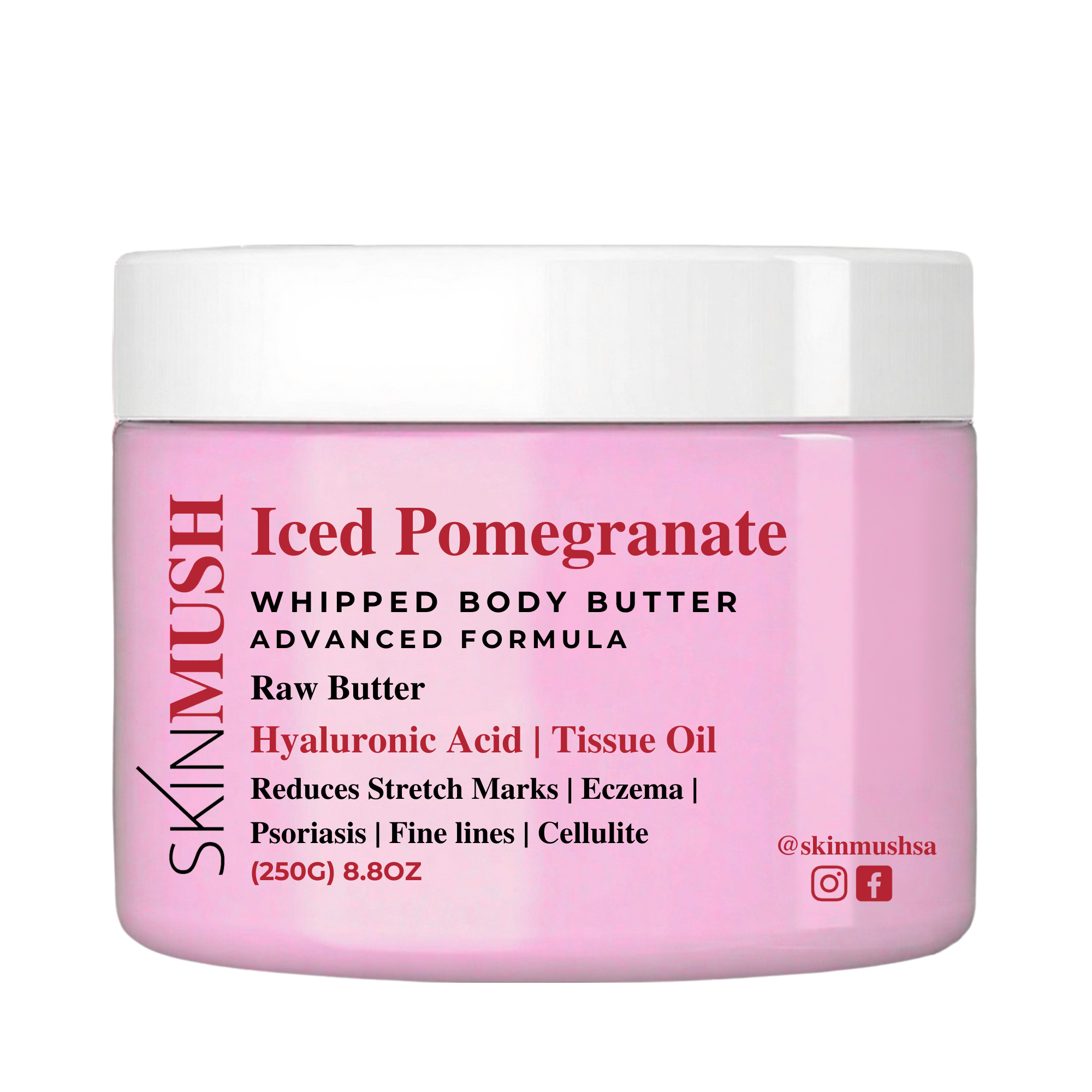 Pink jar of SKINMUSH whiped body butter with white lid on a white background